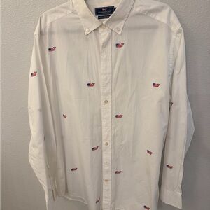 Vineyard Vines Men's White Shirt with Red and Blue Whale Pattern